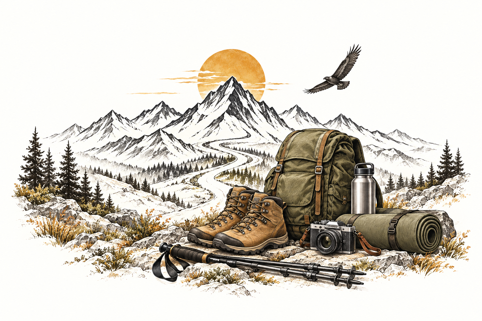 Illustration of a hawk above mountains and a winding trail, with a backpack, boots and outdoor equipment.